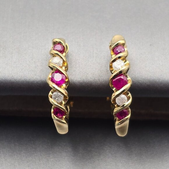 VTG Gold-Filled Pink Tourmaline & Lab Grown Diamonds Clip-On 1/2 Hoop Earrings - Picture 1 of 10